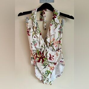 Carmen Marc Valvo One- Piece Halter Swimsuit Ruffled Plunge Neck Floral Size 10